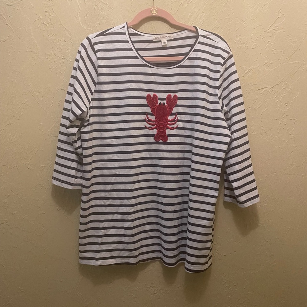 Striped Long Sleeve Tee with Red Lobster Appliqué